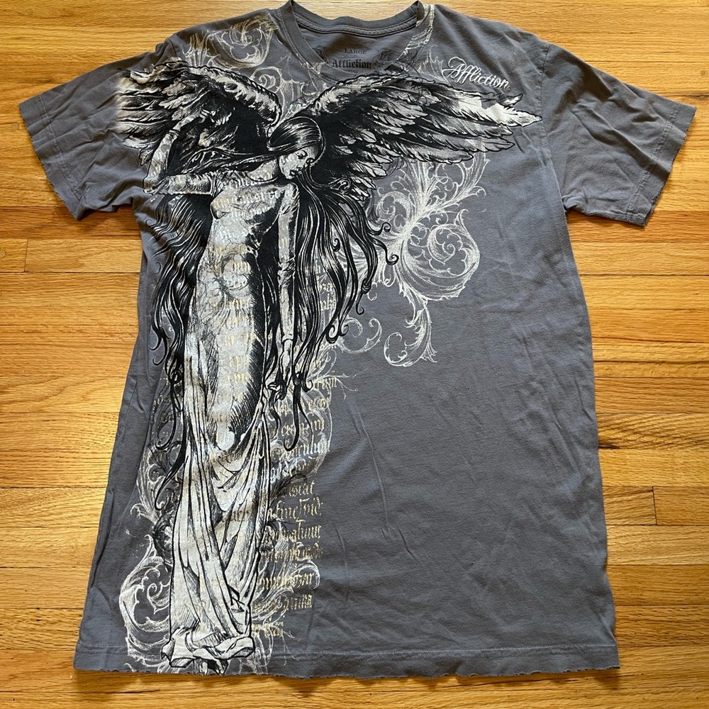 Beautiful angel with wings grey and black Affliction grunge alt distressed Y2K